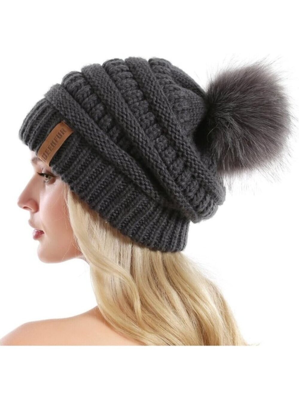 Women Dark Grey Soft Acrylic Thick Baggy Knit Winter Faux Fur Pompom Beanie